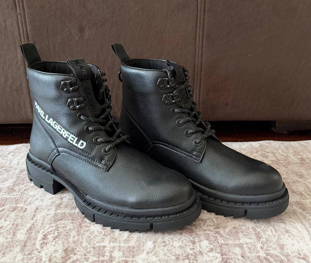 $395 Karl Lagerfeld Paris Men's Black Leather Combat Boots US 8 EU 41 NIB